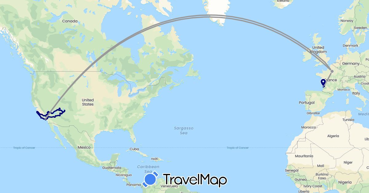 TravelMap itinerary: driving, plane in France, United Kingdom, United States (Europe, North America)
