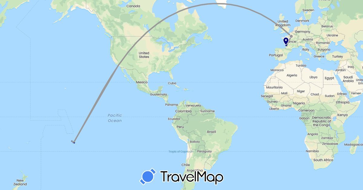 TravelMap itinerary: driving, plane, hiking, boat in France, United States (Europe, North America)