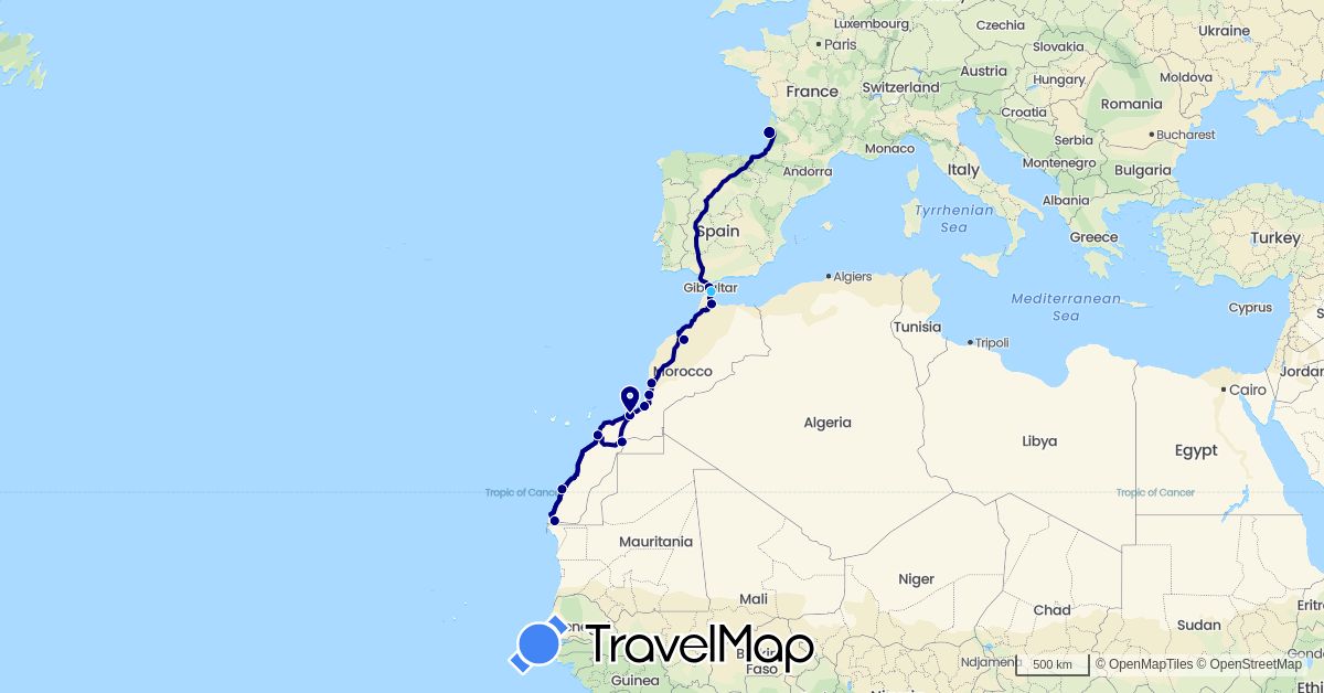 TravelMap itinerary: driving, boat in Spain, France, Morocco (Africa, Europe)