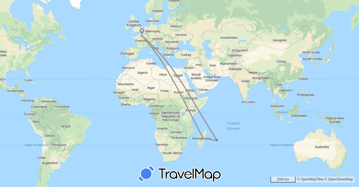 TravelMap itinerary: driving, bus, plane, hiking, boat in France, Madagascar, Mauritius (Africa, Europe)