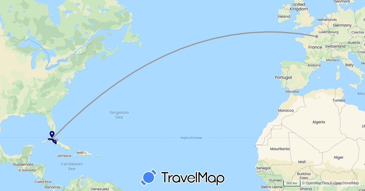TravelMap itinerary: driving, plane in Cuba, France (Europe, North America)