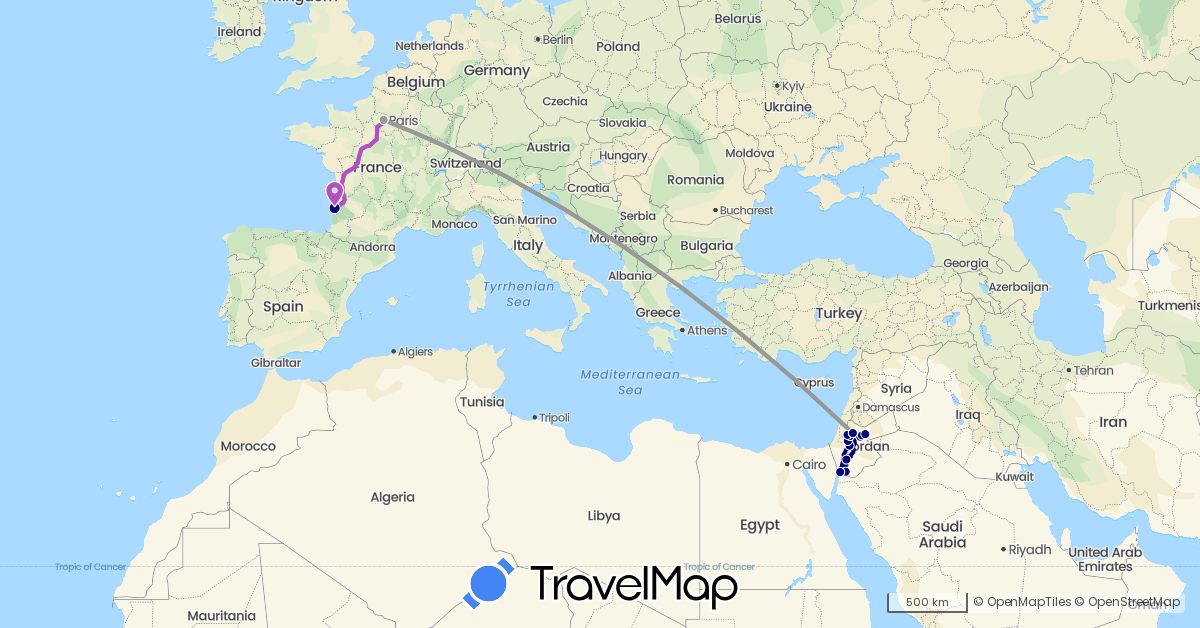 TravelMap itinerary: driving, plane, train in France, Jordan (Asia, Europe)