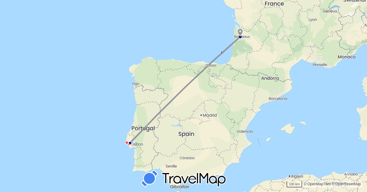 TravelMap itinerary: driving, bus, plane, train, hiking in France, Portugal (Europe)